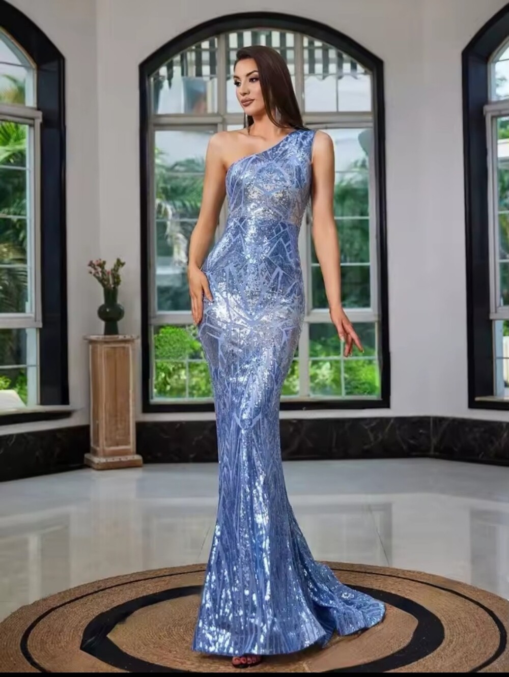 One-Shoulder Sequin Evening Gown in Light Blue - Picture 8 of 16